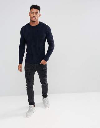 ASOS Design Muscle Fit Ribbed Jumper In Navy