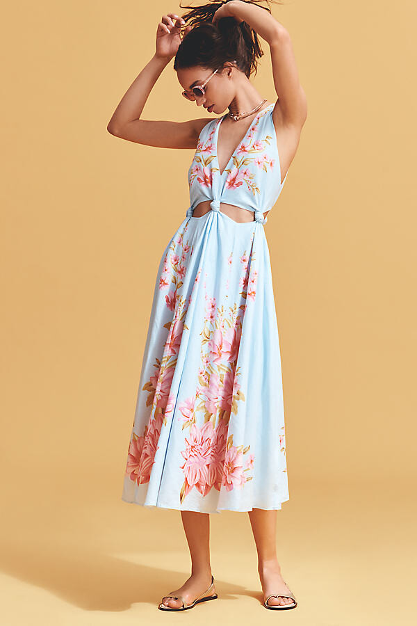 Farm Rio x Anthropologie Linen Blend V-Neck Cutout Midi Dress