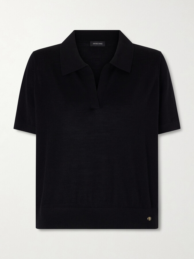 Anine Bing Merino Wool And Cashmere-blend Polo Shirt - Black