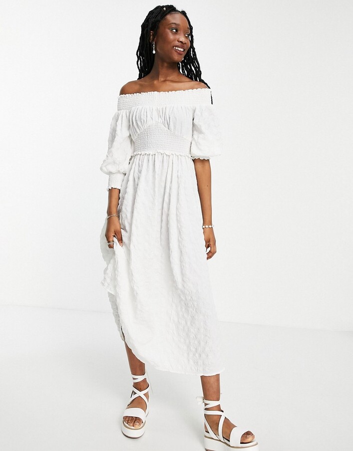 ASOS DESIGN off shoulder shirred waist textured maxi dress in white -  ShopStyle