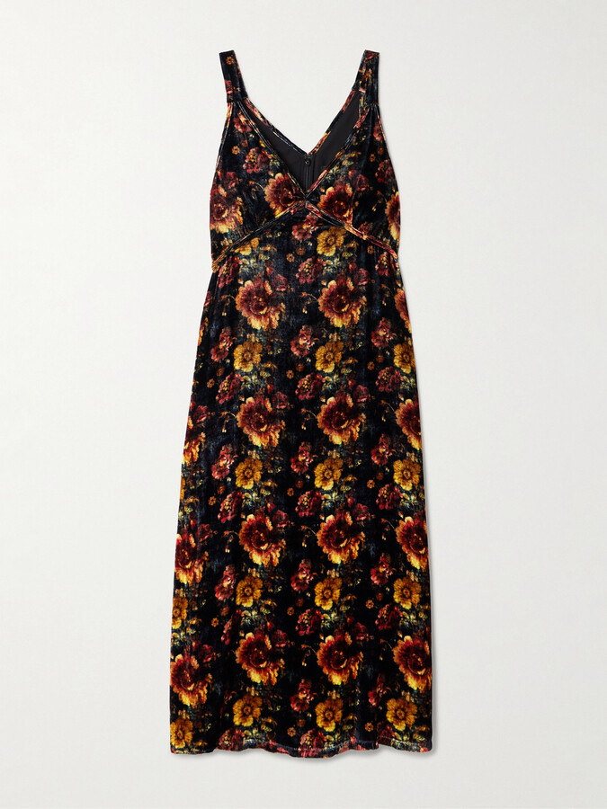 R 13 Floral-print Velvet Midi Dress - Black