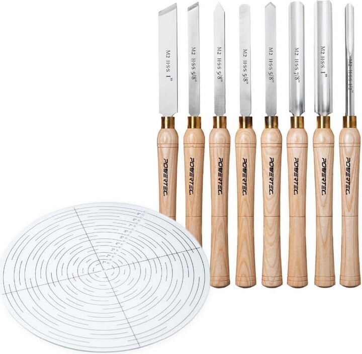 ‎POWERTEC 8 PCS Wood Lathe Chisel Set w/ 10 in. Center Finder Compass, HSS Steel Blades Wood Lathe Tools for Woodworking, Wood Art