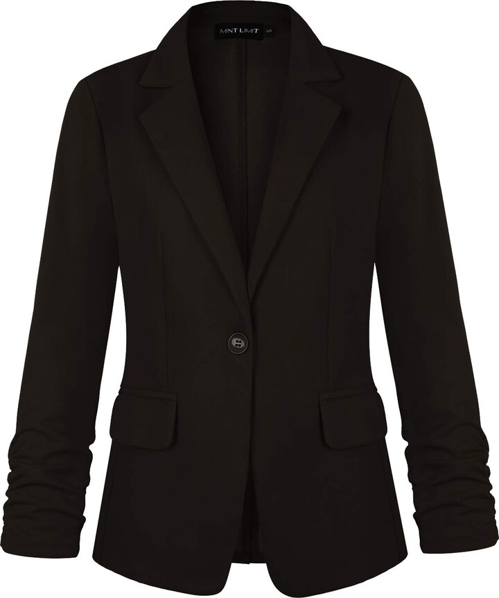 MINTLIMIT Womens 3/4 Ruched Sleeve Blazer One Button Jacket Lapel Suit Plain Work Office Tops B