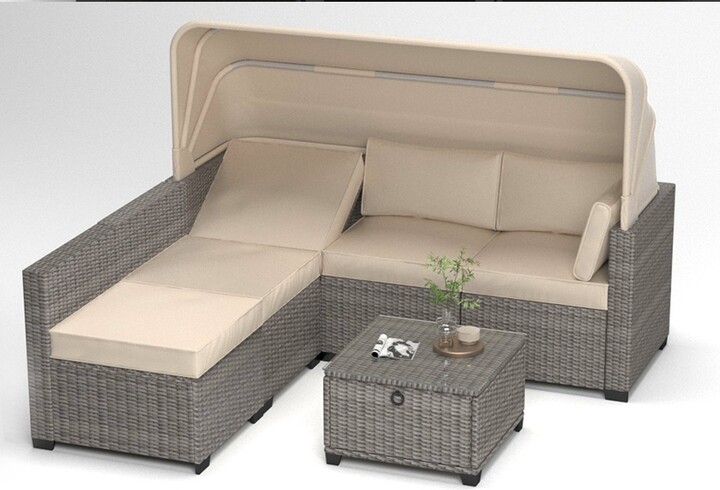 Flynama 6 Pieces Patio Furniture Sets, Outdoor Rattan Daybed with Retractable Canopy, Outdoor Sectional Sofa Set with Adjustable Backrest, Chaise Chair Sunbed