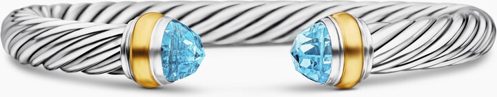 David Yurman Classic Cable Bracelet in Sterling Silver with 14K Yellow Gold and Blue Topaz | Women's | Size L
