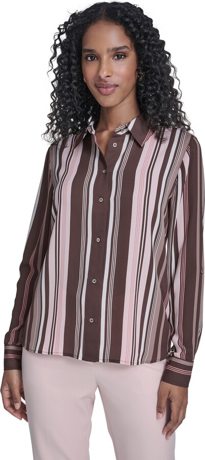 Tommy Hilfiger Women's Slim Fit Striped Button Up Top