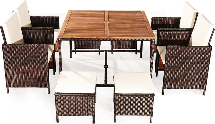 Costway 9PCS Patio Rattan Dining Set Cushioned Chairs Ottoman Wood Table Top