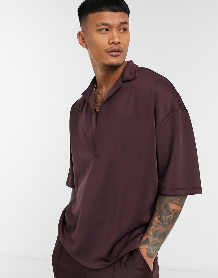 ASOS DESIGN co-ord oversized polo shirt with deep revere in brown scuba -  ShopStyle