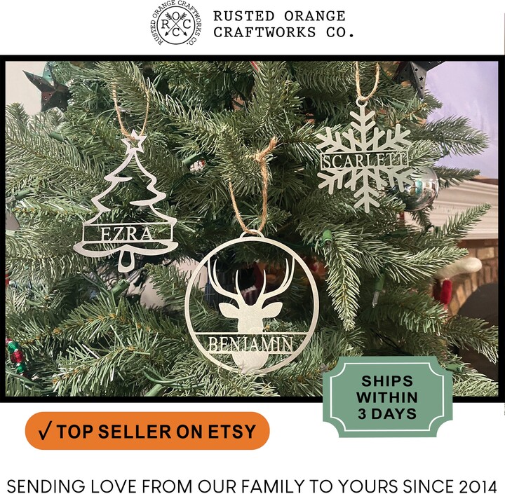 Rusted Orange Snowflake Ornaments, Tree Deer Ornaments - Set Of 3 Christmas Custom Name Ornament Family