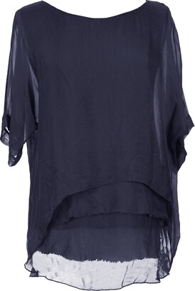 TEXTURE Ladies Womens Italian Lagenlook Short Sleeve Frill Frayed Hem Silk  Tunic Top Blouse One Size (Black - ShopStyle