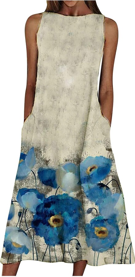 Casual Summer Sleeveless V-Neck Long Dress Vintage Beach Boho Dress Womens Plus Size Maxi Dresses with Pockets 