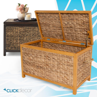 Click Décor Wilson Wicker Farmhouse Trunk, 30" Large Storage Basket, Handwoven Water Hyacinth, Acacia Wood Frame