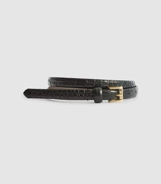 Reiss Molly - Leather Croc Embossed Mini Belt in Black