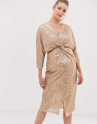 TFNC Maternity Maternity 3/4 sleeve waist knot midi dress in rose gold