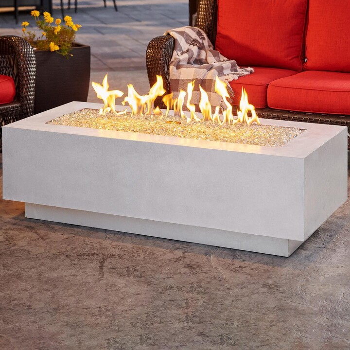 The Outdoor GreatRoom Company Cove 54 Inch Rectangular GFRC Propane Fire Pit Table w/ Electronic Ignition in White by
