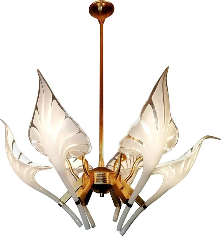 Pair Of Murano Calla Lily Chandelier By Franco Luce, Art Glass And Gilt Brass