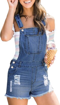 Roskiky Women's Casual Ripped Denim Overalls Dungaree Shorts Pockets Raw Hem Summer Playsuits 