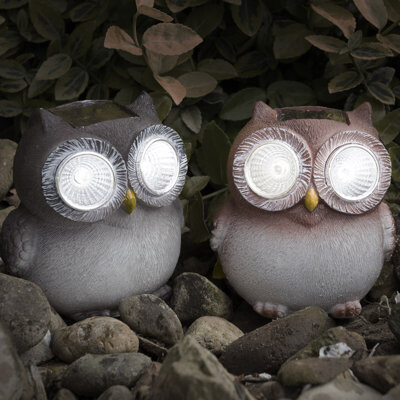 Pure Garden Weather- Resistant Owl Solar LED 2 Piece Light Statue Set- Decoys to Scare Birds Away