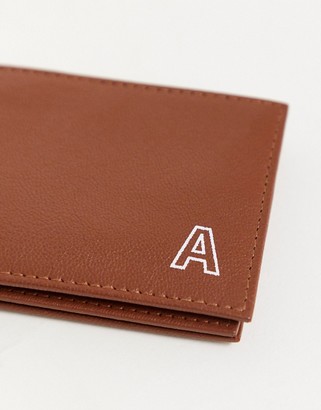 ASOS DESIGN personalised cardholder in tan leather with 'A' initial