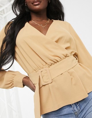 Vero Moda Tall wrap blouse with belted waist in tan