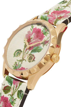 Gucci G-timeless Floral-print Leather And Gold-tone Watch - White