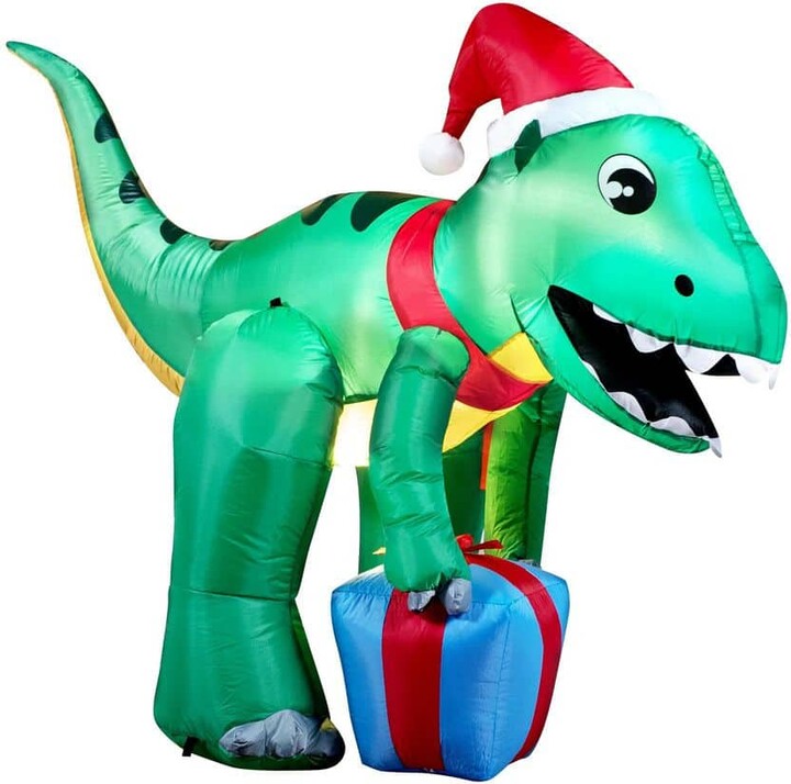Joyfy 5ft Tall Christmas Inflatables Dinosaur Outdoor Decoration, Blow Up Dinosaur with Gift Box with Build-in LEDs