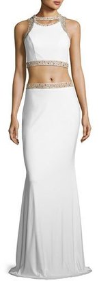 Faviana Sleeveless Beaded Two-Piece Gown, White/Gold