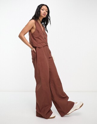 ASOS DESIGN bandeau linen look jumpsuit with detachable straps in oatmeal