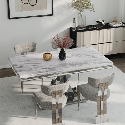Everly Quinn 5 Piece Modern Marble And Dining Table Set With 4 Boucle Dining Chairs