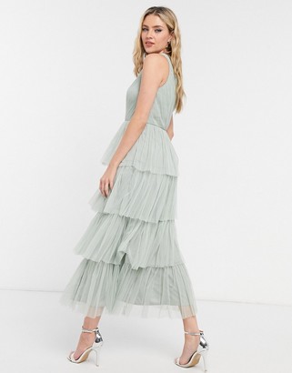 Anaya With Love Bridesmaid tulle one shoulder ruffle tiered midaxi dress in sage