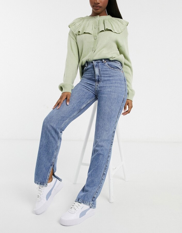 stradivarius split hem straight leg jean in bleach blue