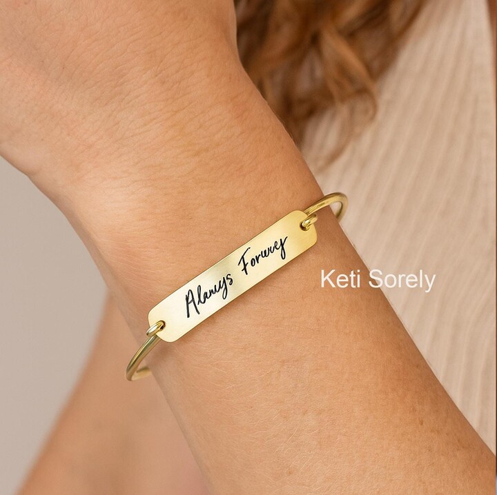 Etsy Custom Engraved Bar Bangle With Your Handwriting Message Or Signature in Sterling Silver Solid Gold Yellow Rose Or White Personalized