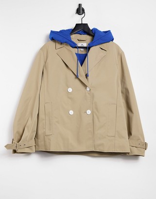 Lacoste hooded double breasted short trench coat in beige