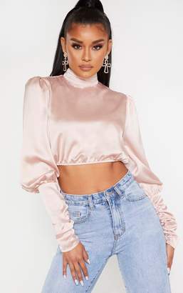 PrettyLittleThing Scarlet Satin Ruched Cuff Cropped Blouse