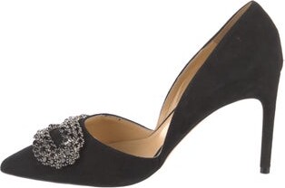 Giannico Suede D'Orsay Pumps Black Leather Trim Pointed-Toes with Crystal Embellishments Includes Dust Bag | Giannico Suede Crystal Embellishments D'Orsay Pumps in Black, Women's IT 38 | 8
