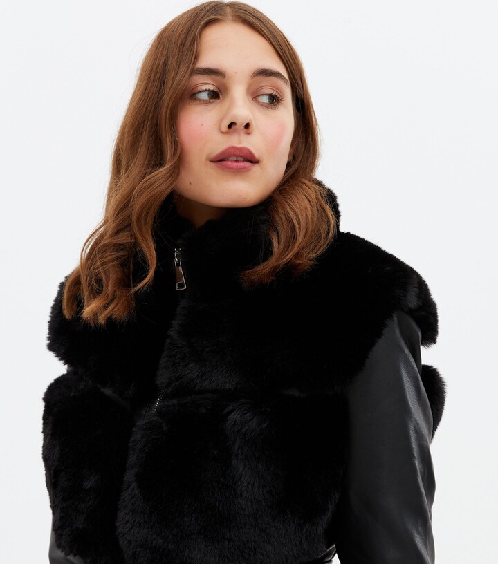 Black Blue Vanilla Fur Coat Blue Vanilla Black Leather-Look Faux