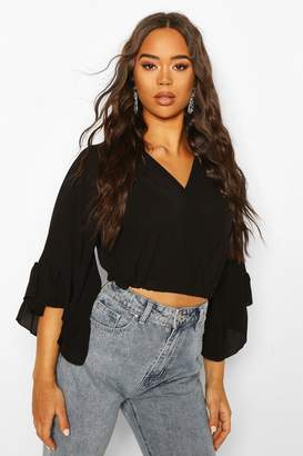 boohoo Woven Frill Sleeve Wrap Front Crop Top