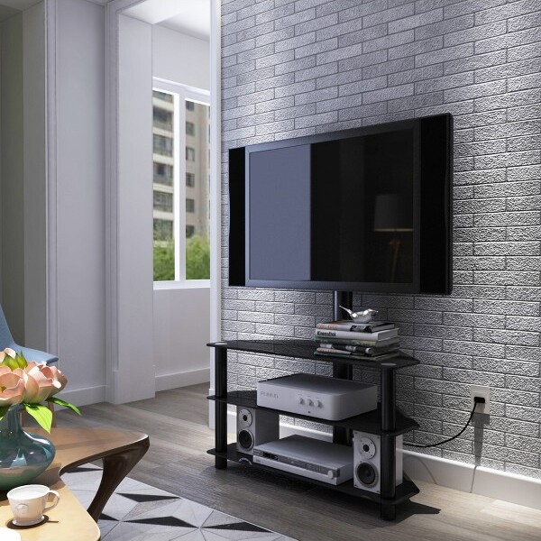 HBEZON BlackMulti-FunctionTVStandwithHeightAdjustableSwivelBracket-3-TierTemperedGlassShelvesfor32-65\