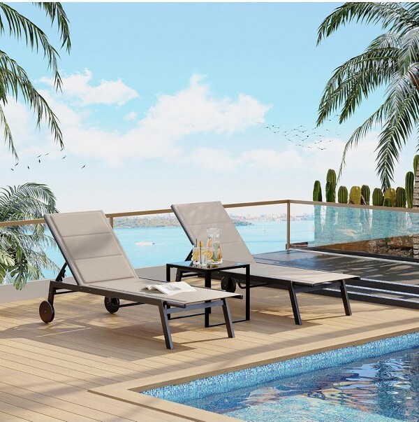 SunnyFurn PatioTextileChaiseLoungeChairswithSideTable5-LevelBackrestPoolLoungersonWheelforOutdoorPoolYardLawnBeach