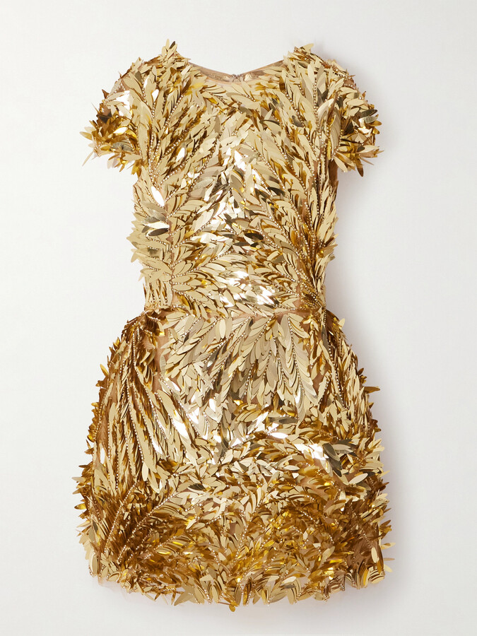 Oscar de la Renta Embellished Mesh Mini Dress - Gold