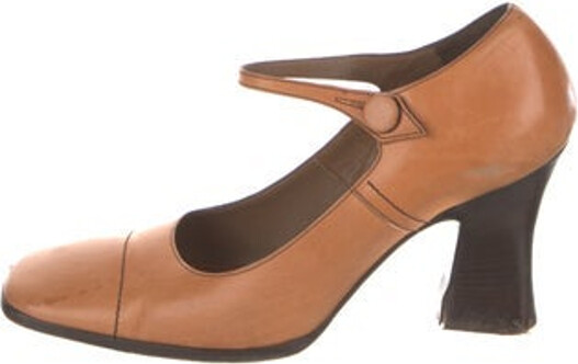 Prada Leather Pumps Orange Square-Toes Mary Jane Strap & Buckle Closure At Uppers Designer
