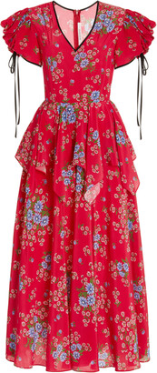 Rodarte Peplum-Waist Floral Silk Midi Dress