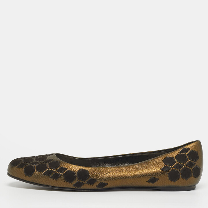 Ferragamo Size 39.5 Metallic Brown Leather and Suede Ballet Flats