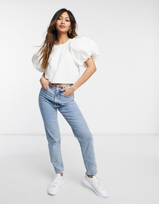 GHOSPELL puff-sleeved cropped blouse in off