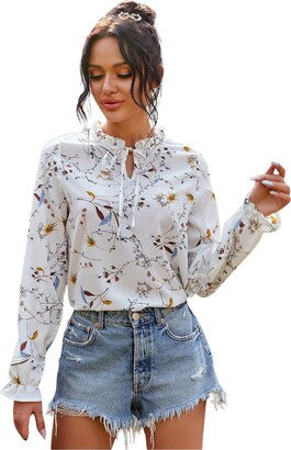 Cocila Womens Fashion Floral Print Long Sleeve Tops Elegant Stand Collar  Chiffon Blouse Ladies Baggy T-Shirts Tunic White - ShopStyle