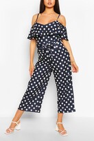 Thumbnail for your product : boohoo Polka Dot Cold Shoulder Wide Leg Belted Jumpsuit