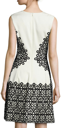 Lela Rose V-Neck Scroll Guipure Lace Dress, Ivory/Black