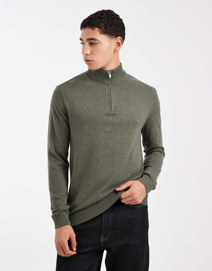 ONLY & SONS quarter zip knit sweater in khaki