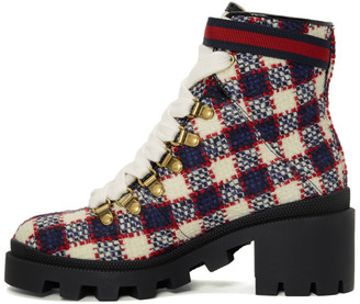 Gucci Red and White Check Tweed Ankle Boots