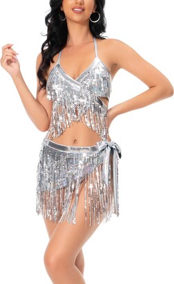 Women's Belly Dance Costume Glitter Sequin Bras Tassel Fringe Top Party  Festival Club Wear Crop Tops